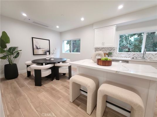 Dining room, Interior, Recessed Lighting, Wood Texture Flooring