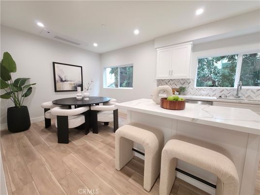 Dining room, Interior, Recessed Lighting, Wood Texture Flooring
