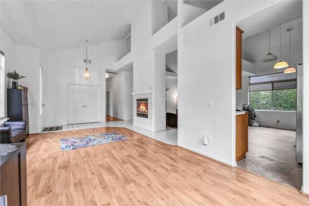Fireplace, Interior, Pendant Lights, Wood Texture Flooring