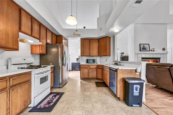 Fireplace, Interior, Kitchen, Pendant Lights, Wood Texture Flooring