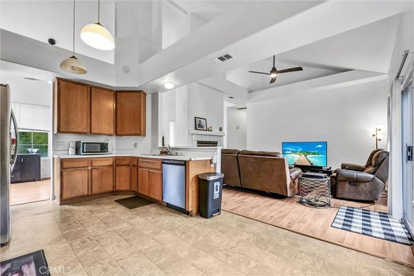 Interior, Kitchen, Living room, Pendant Lights, Wood Texture Flooring