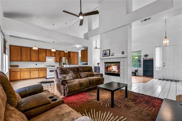 Fireplace, Interior, Kitchen, Living room, Pendant Lights