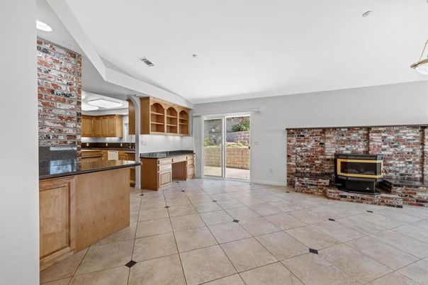 Fireplace, Interior, Kitchen, Recessed Lighting, Stone Walls
