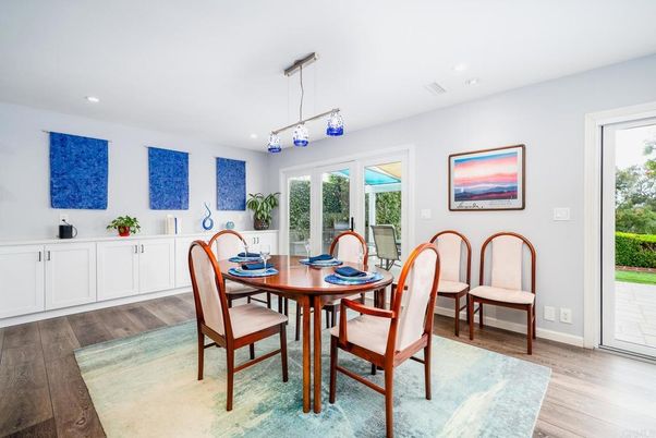 Dining room, Interior, Pendant Lights, Recessed Lighting, Wood Texture Flooring