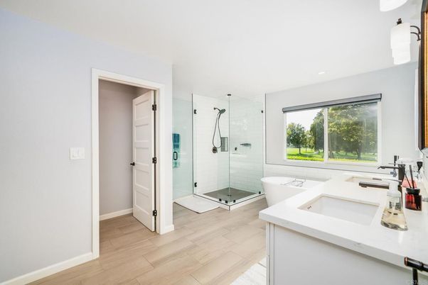 Bathroom, Glass Shower, Interior, Recessed Lighting, Wood Texture Flooring