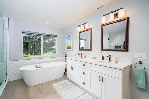 Bathroom, Dual Sink Vanities, Free Standing Baths, Interior, Recessed Lighting, Wood Texture Flooring