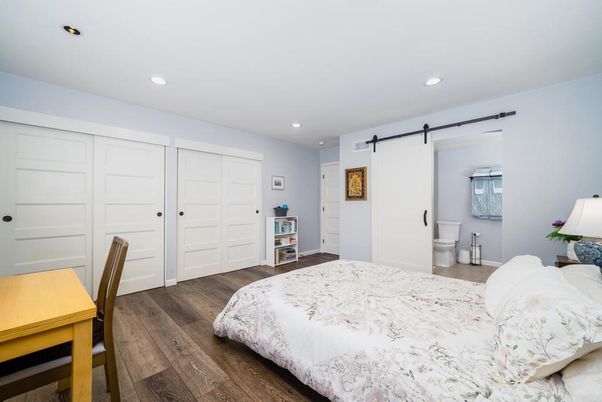Bedroom, Interior, Recessed Lighting, Wood Texture Flooring
