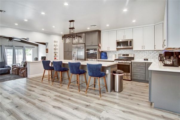 Interior, Kitchen, Living room, Pendant Lights, Recessed Lighting, Stainless Steel Appliances, Wood Texture Flooring