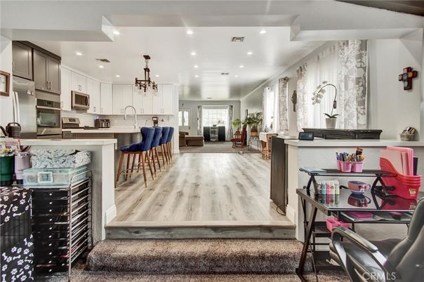 Interior, Kitchen, Pendant Lights, Recessed Lighting, Stainless Steel Appliances, Wood Texture Flooring
