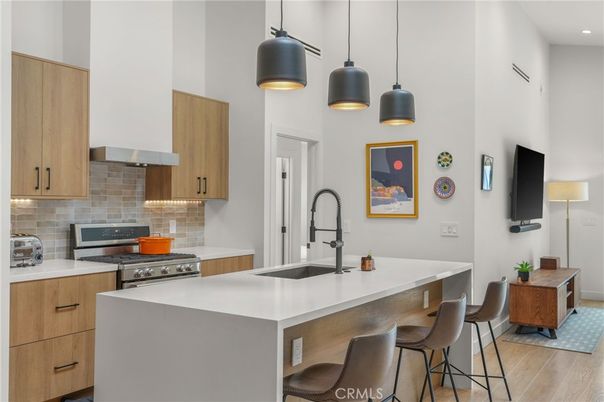Interior, Kitchen, Pendant Lights, Recessed Lighting, Stainless Steel Appliances, Wood Texture Flooring