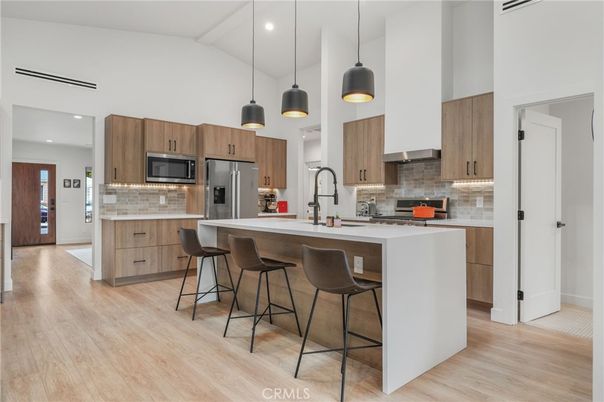 Interior, Kitchen, Pendant Lights, Recessed Lighting, Stainless Steel Appliances, Wood Texture Flooring