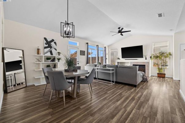 Dining room, Fireplace, Interior, Living room, Pendant Lights, Wood Texture Flooring
