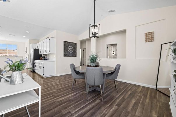 Dining room, Interior, Kitchen, Pendant Lights, Recessed Lighting, Wood Texture Flooring