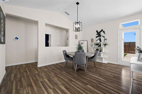 Dining room, Interior, Pendant Lights, Wood Texture Flooring