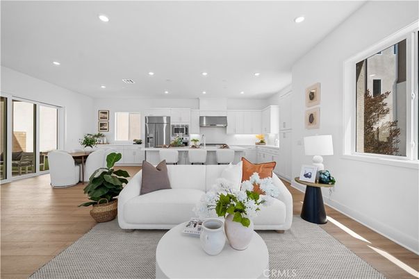 Interior, Kitchen, Living room, Recessed Lighting, Stainless Steel Appliances, Wood Texture Flooring