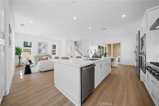 Interior, Kitchen, Living room, Recessed Lighting, Stainless Steel Appliances, Wood Texture Flooring