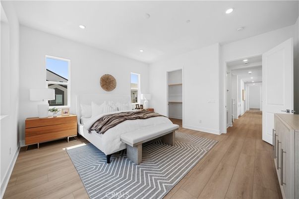 Bedroom, Interior, Recessed Lighting, Wood Texture Flooring
