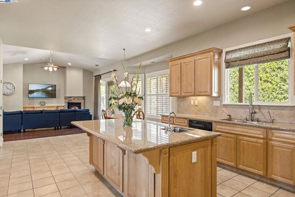 Fireplace, Interior, Kitchen, Living room, Recessed Lighting, Wood Texture Flooring