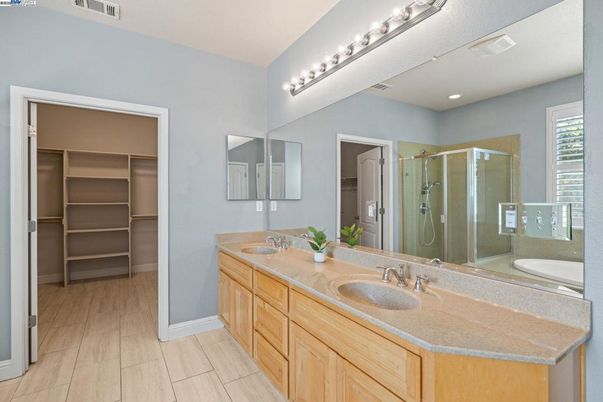 Bathroom, Dual Sink Vanities, Glass Shower, Interior, Recessed Lighting, Walk-in Closets, Wood Texture Flooring