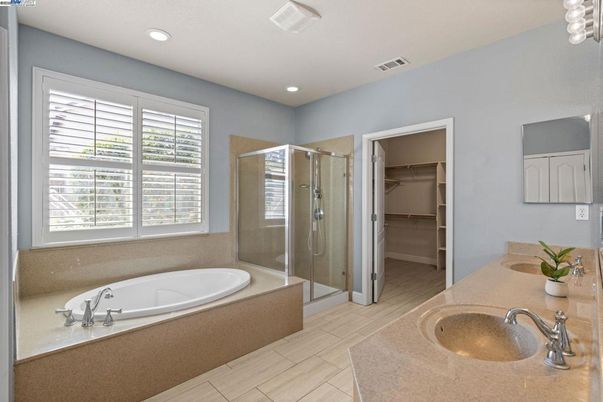 Bathroom, Dual Sink Vanities, Glass Shower, Interior, Recessed Lighting