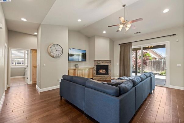 Fireplace, Interior, Living room, Recessed Lighting, Wood Texture Flooring