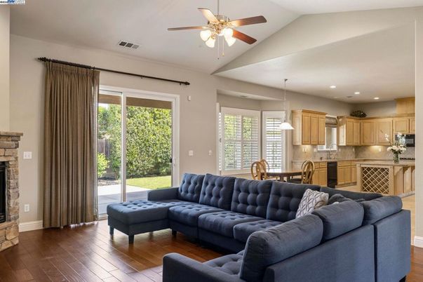 Dining room, Fireplace, Interior, Kitchen, Living room, Pendant Lights, Recessed Lighting, Wood Texture Flooring