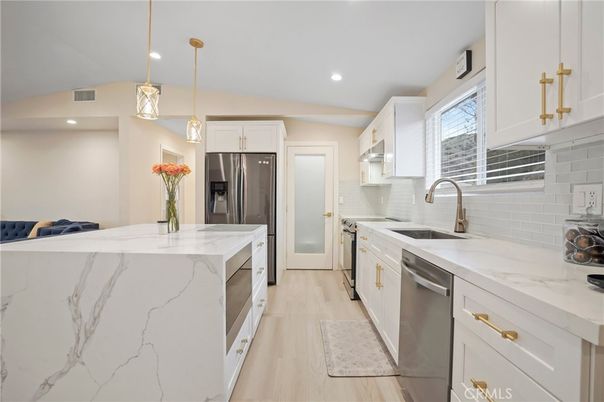 Interior, Kitchen, Pendant Lights, Recessed Lighting, Stainless Steel Appliances, Wood Texture Flooring