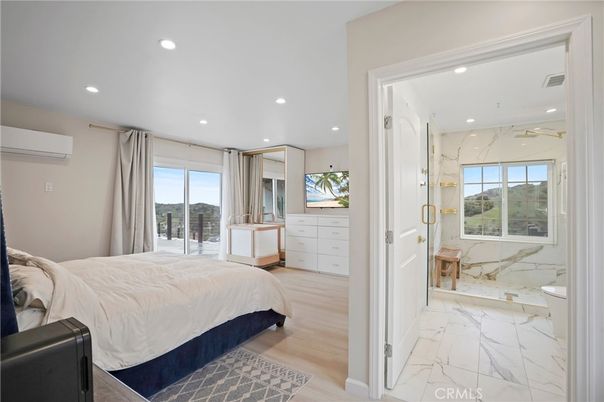 Bathroom, Bedroom, Interior, Marble, Marble Walls, Recessed Lighting, Wood Texture Flooring
