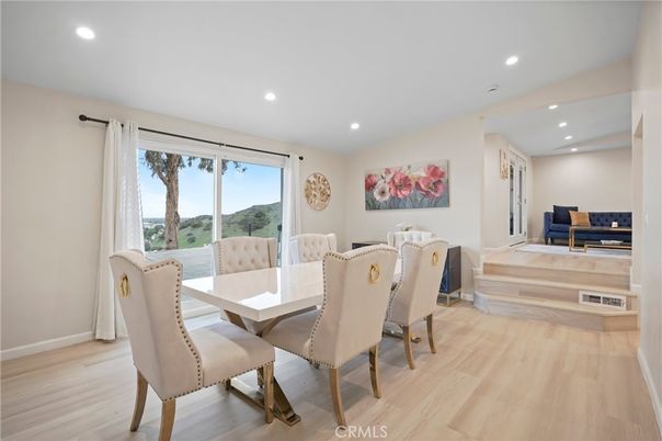 Dining room, Interior, Recessed Lighting, Wood Texture Flooring