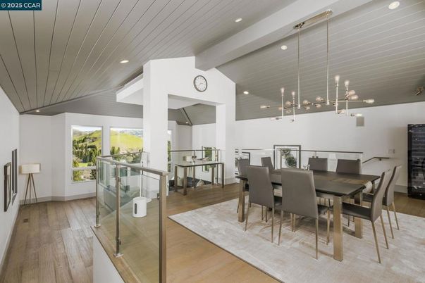 Dining room, Interior, Pendant Lights, Recessed Lighting, Wood Texture Flooring