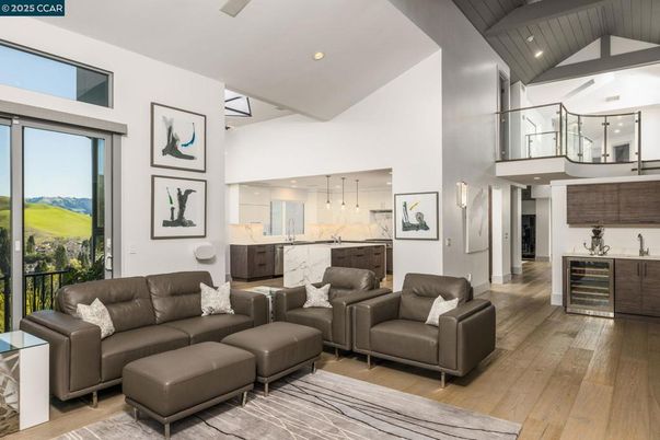 Interior, Kitchen, Living room, Marble Walls, Pendant Lights, Recessed Lighting, Wood Texture Flooring