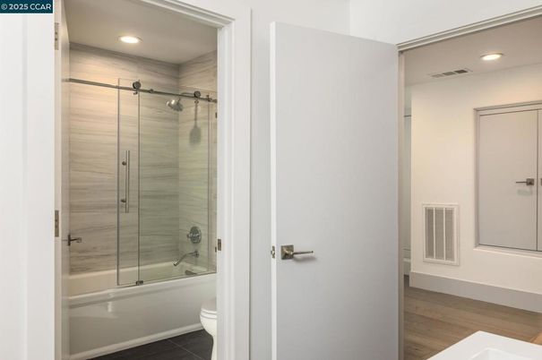 Bathroom, Glass Shower, Interior, Recessed Lighting, Wood Texture Flooring