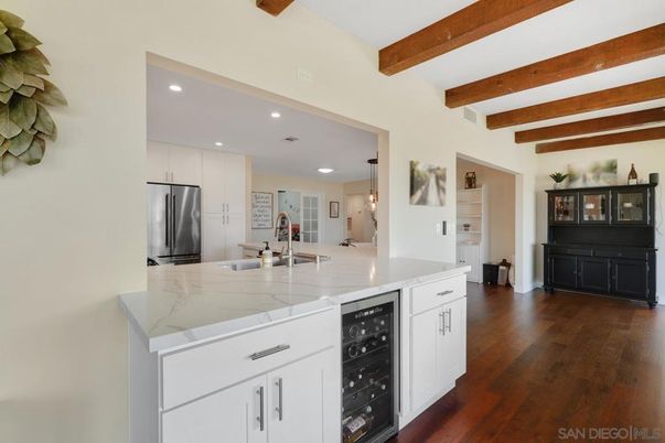 Interior, Kitchen, Pendant Lights, Recessed Lighting, Stainless Steel Appliances, Wooden Beams, Wood Texture Flooring
