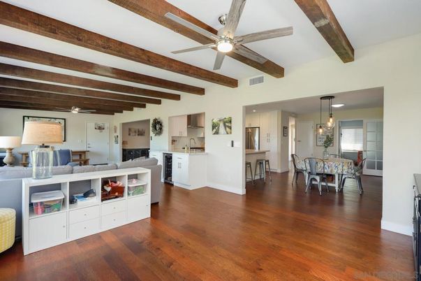 Dining room, Interior, Kitchen, Pendant Lights, Wooden Beams, Wood Texture Flooring