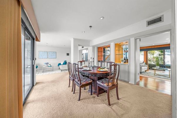 Dining room, Interior, Recessed Lighting, Wood Texture Flooring