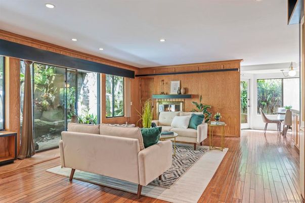 Dining room, Fireplace, Interior, Living room, Recessed Lighting, Wood Texture Flooring, Wooden Walls