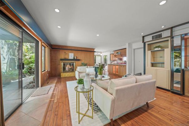 Fireplace, Interior, Kitchen, Living room, Recessed Lighting, Wood Texture Flooring, Wooden Walls