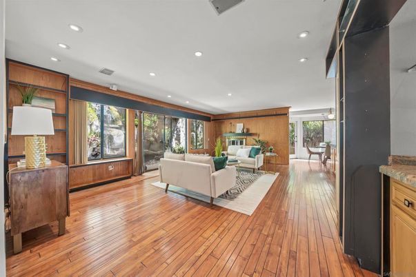 Interior, Living room, Recessed Lighting, Wood Texture Flooring, Wooden Walls