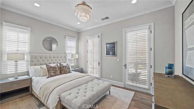 Bedroom, Chandelier, Interior, Recessed Lighting, Wood Texture Flooring