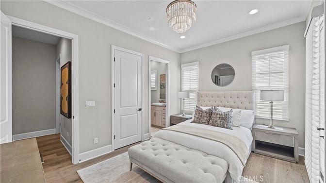 Bedroom, Chandelier, Interior, Recessed Lighting, Wood Texture Flooring