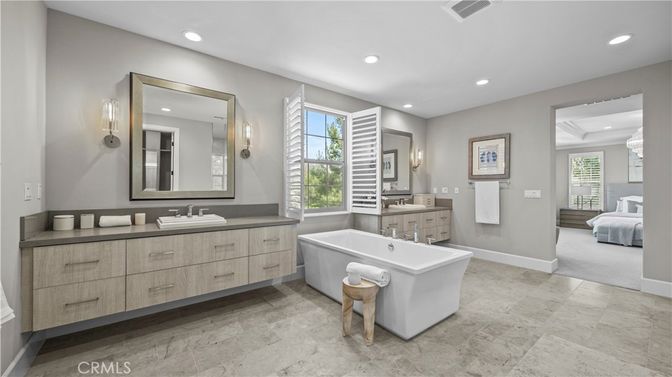 Bathroom, Bedroom, Dual Sink Vanities, Free Standing Baths, Interior, Recessed Lighting