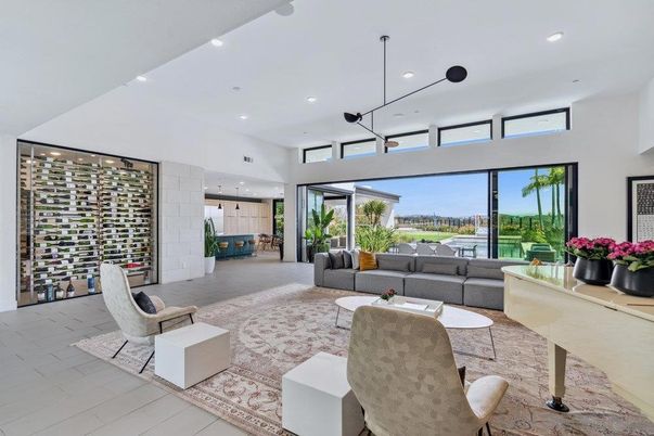 Interior, Living room, Pendant Lights, Recessed Lighting, Wine Storage, Wood Texture Flooring