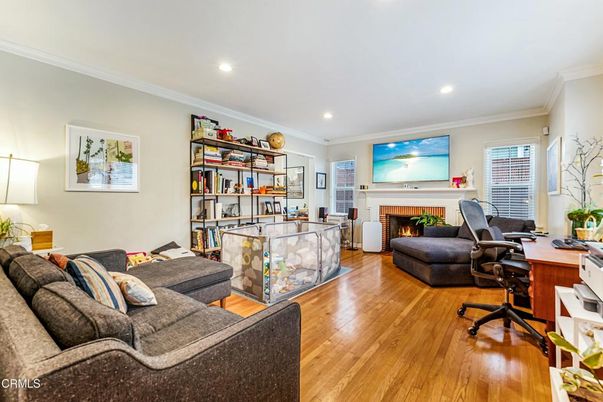 Fireplace, Home Office, Interior, Living room, Recessed Lighting, Wood Texture Flooring