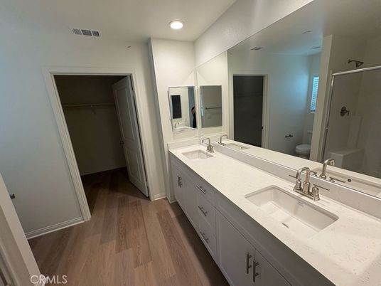 Bathroom, Dual Sink Vanities, Interior, Recessed Lighting, Walk-in Closets, Wood Texture Flooring