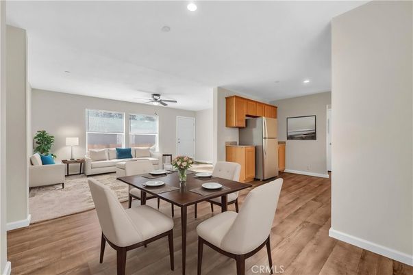 Dining room, Interior, Kitchen, Living room, Recessed Lighting, Wood Texture Flooring