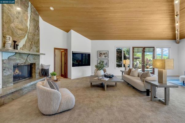Fireplace, Interior, Living room, Recessed Lighting, Wooden Ceilings