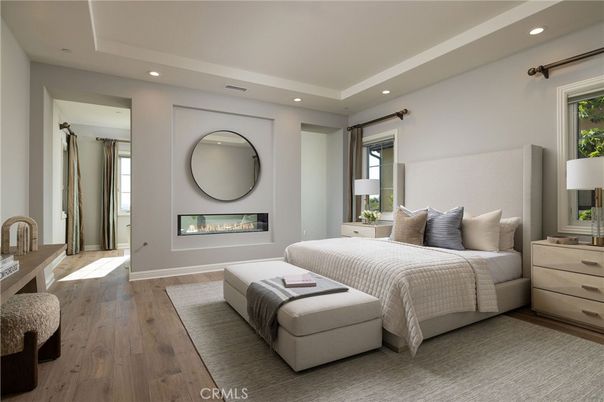 Bedroom, Fireplace, Interior, Recessed Lighting, Wood Texture Flooring