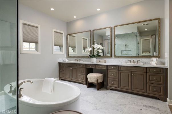Bathroom, Dual Sink Vanities, Free Standing Baths, Interior, Marble, Recessed Lighting