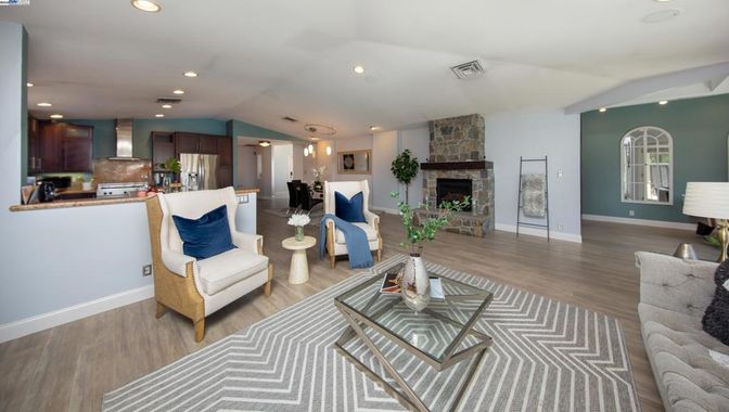 Fireplace, Interior, Kitchen, Living room, Recessed Lighting, Stainless Steel Appliances, Wood Texture Flooring