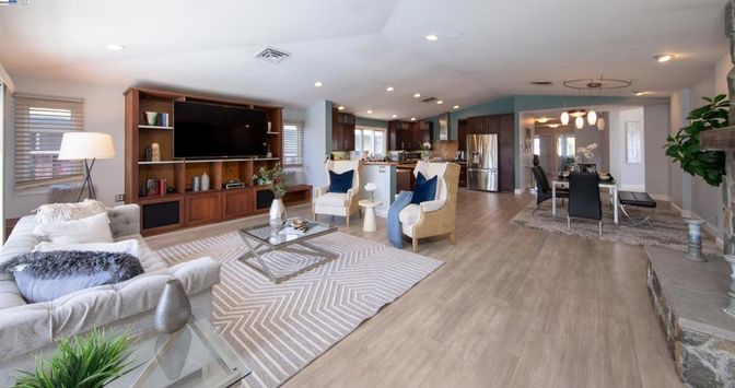 Dining room, Interior, Kitchen, Living room, Pendant Lights, Recessed Lighting, Stainless Steel Appliances, Wood Texture Flooring